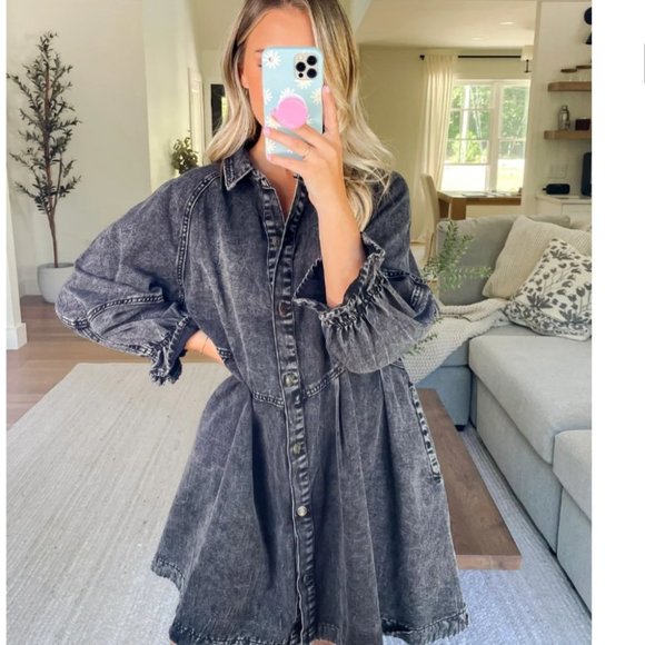Free People Dresses & Skirts - Free People Hannah Mini Denim Dress Washed Black Size XS